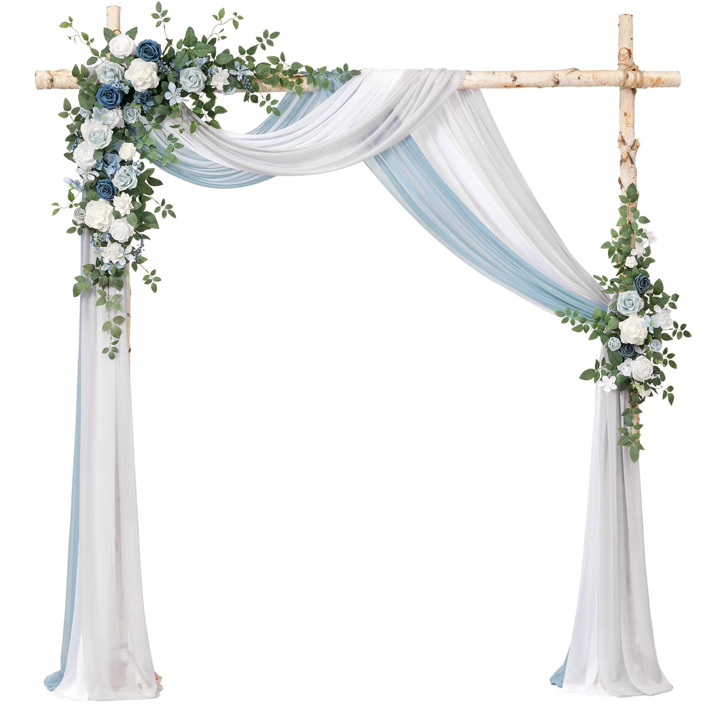 Ling's moment Artificial Wedding Arch Flowers with Drapes Kit-Pack of 5, 2pcs Flower Arrangements 3pcs Hanging Sheer Drapes Sage Ceremony Arbor Backdrop Rose Floral Decorations, Dusty Blue