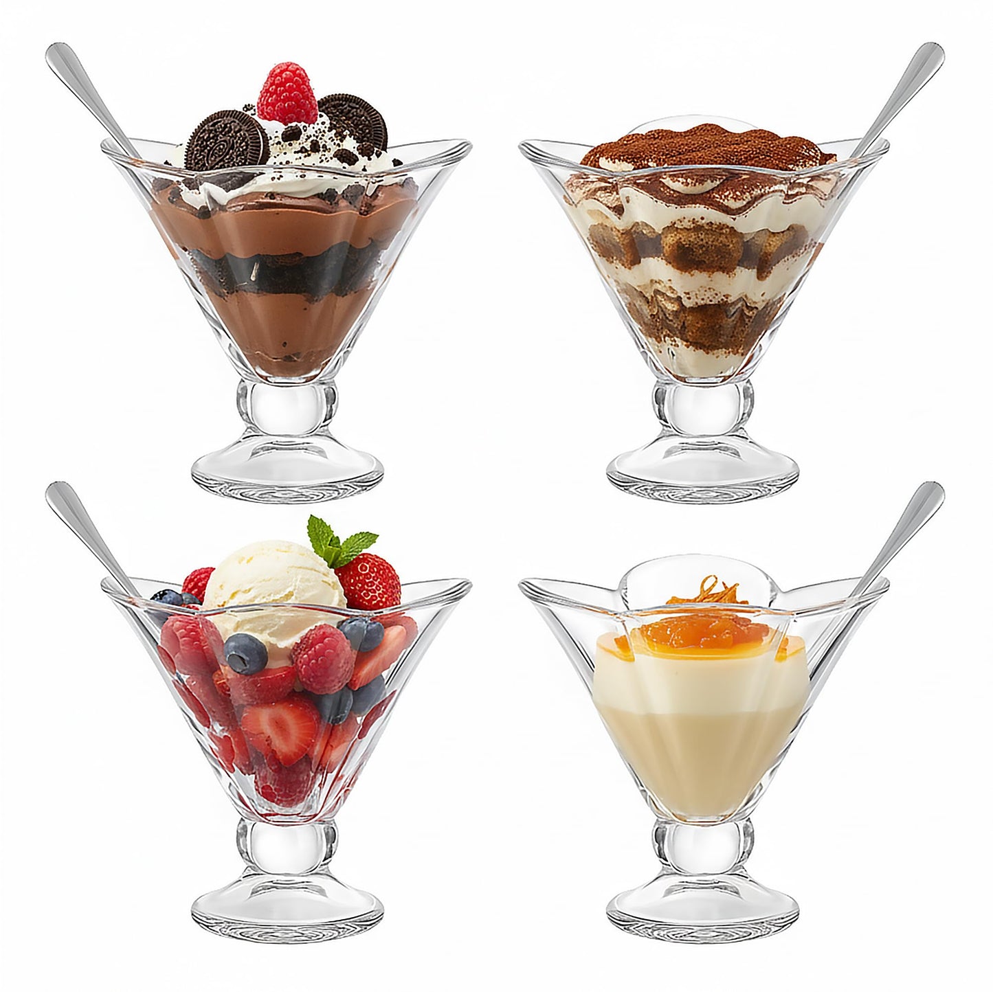 OVENTE 4 Pack Glass Dessert Bowls with Spoons, 6 Oz Footed Ice Cream Cups for Sundae, Fruit, Salad, Cocktail, Snack or Trifle, All Purpose Serving Bowl Ideal for Christmas Holiday Party, Clear ICGBSS4