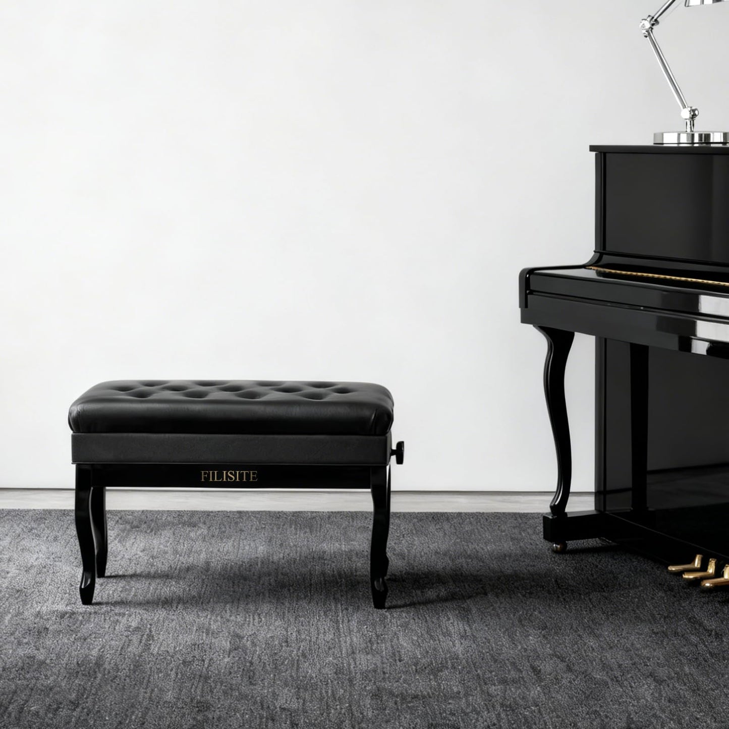 FILISITE Genuine Leather Piano Bench with Storage, Adjustable Height Keyboard Bench with High-Density Sponge Cushion,Curved Legs for Piano/Keyboard, Supports Duet Playing,Black