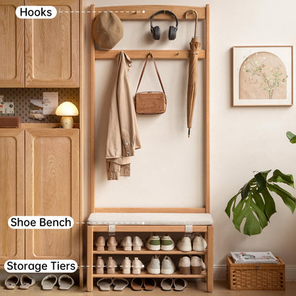 Vadisun Oak Coat Rack, Solid Wood Hall Tree with Shoe Bench, 2-Tier Shoe Rack with 7 Hooks for Entryway, Hallway, 13.8" x 31.5" x 72.8", Natural