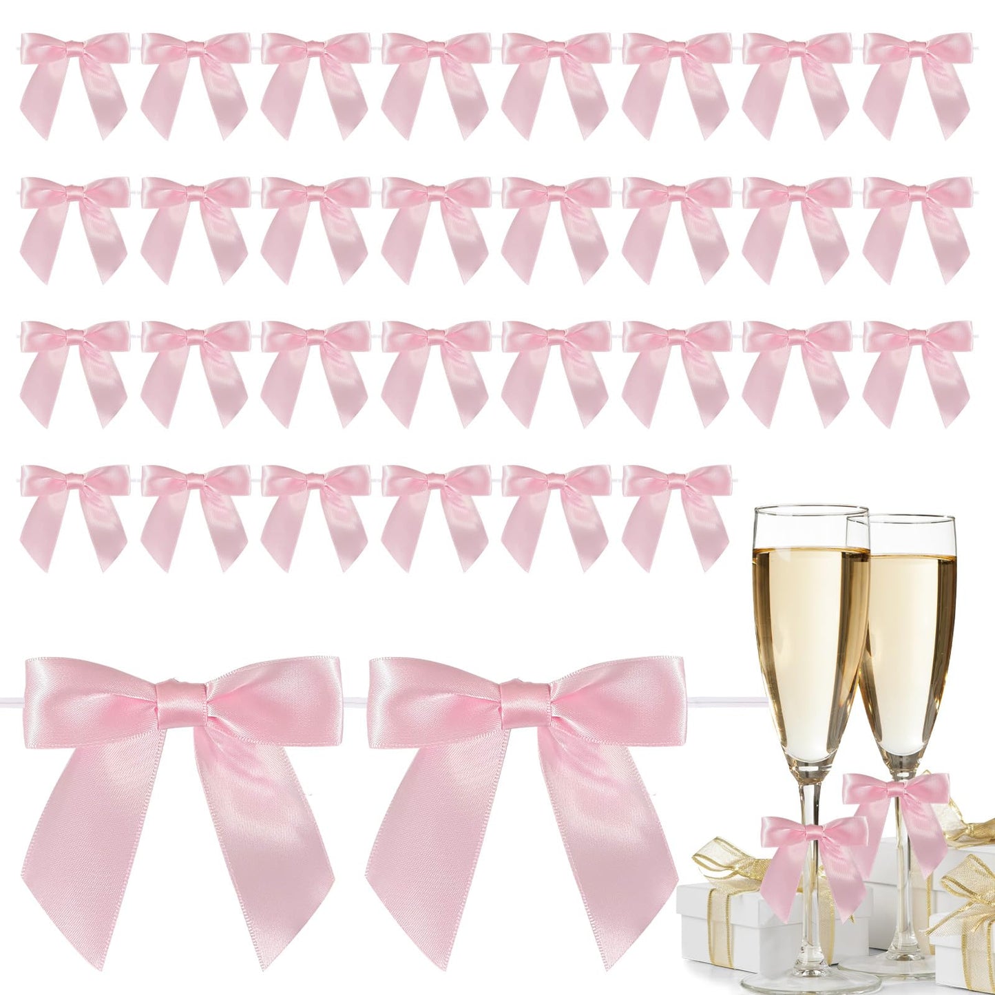 50 Counts 3.5Inch Premade Bows with Adhesive Dots, Self-Adhesive Satin Ribbon Bows for Handmade DIY,New Year,Valentine's Day,Wrapping Boxes, Wedding Party,SouvenirDecor (Pink)