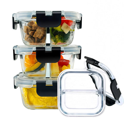 Nafhone Bariatric Meal Prep Containers, 8 oz Glass Bariatric Portion Control Containers with Two 4 oz Compartments (3 Pack), Reusable Lunch Box Bento Box with Lids, Glass Snack Containers with Lids