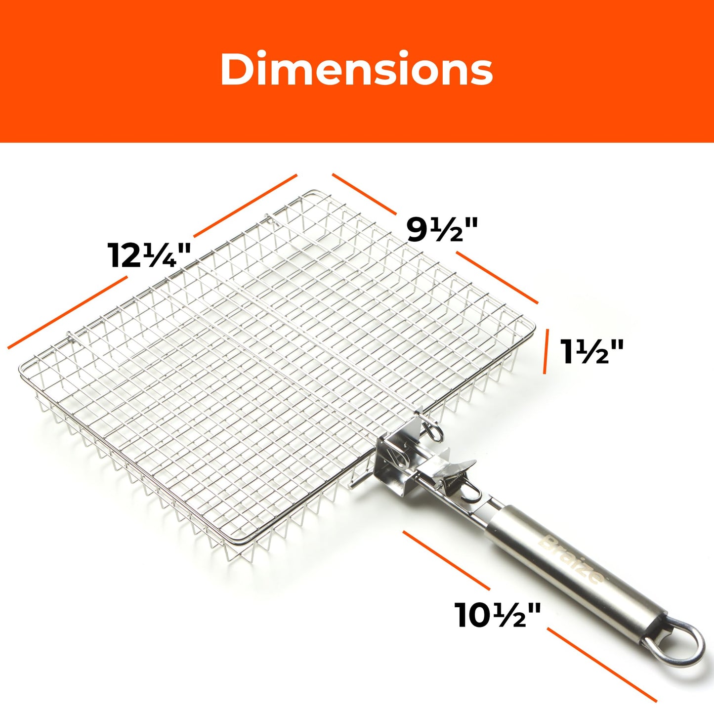 Stainless Steel Large Grill Basket with Removable Handle – 12.25 x 9.5 x 1.5 Inch BBQ Vegetable Basket with Easy Open Lid, Silicone Basting Brush & Scrub Sponge – Outdoor Cooking & Camping Accessory