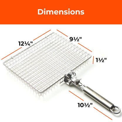 Stainless Steel Large Grill Basket with Removable Handle – 12.25 x 9.5 x 1.5 Inch BBQ Vegetable Basket with Easy Open Lid, Silicone Basting Brush & Scrub Sponge – Outdoor Cooking & Camping Accessory