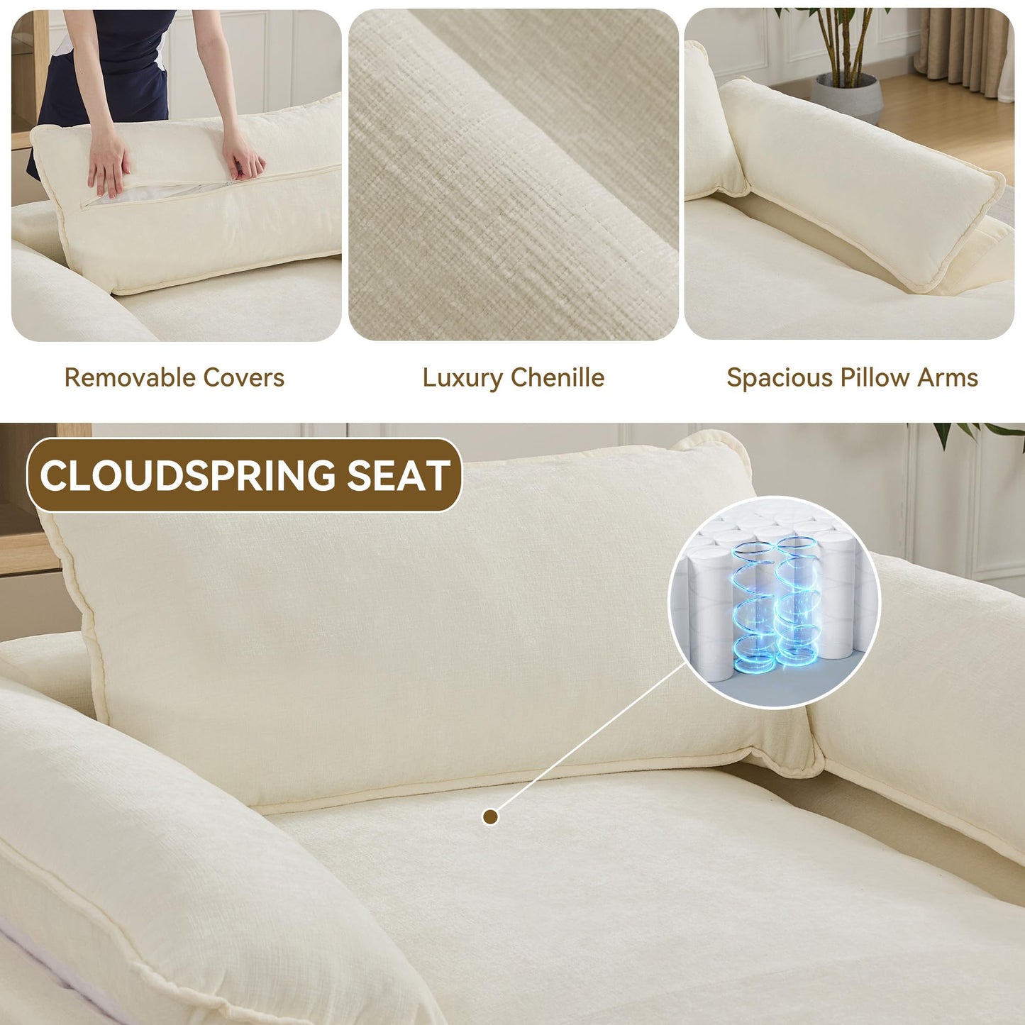 WUTUTUEE 69" Oversized Chaise Lounge Chair Indoor, No Assembly Beige Lounge Couch, Chenille Upholstered Sofa Bed with Pockets, Oversized Reading Chair with Ottoman for Living Room, Bedroom, Office