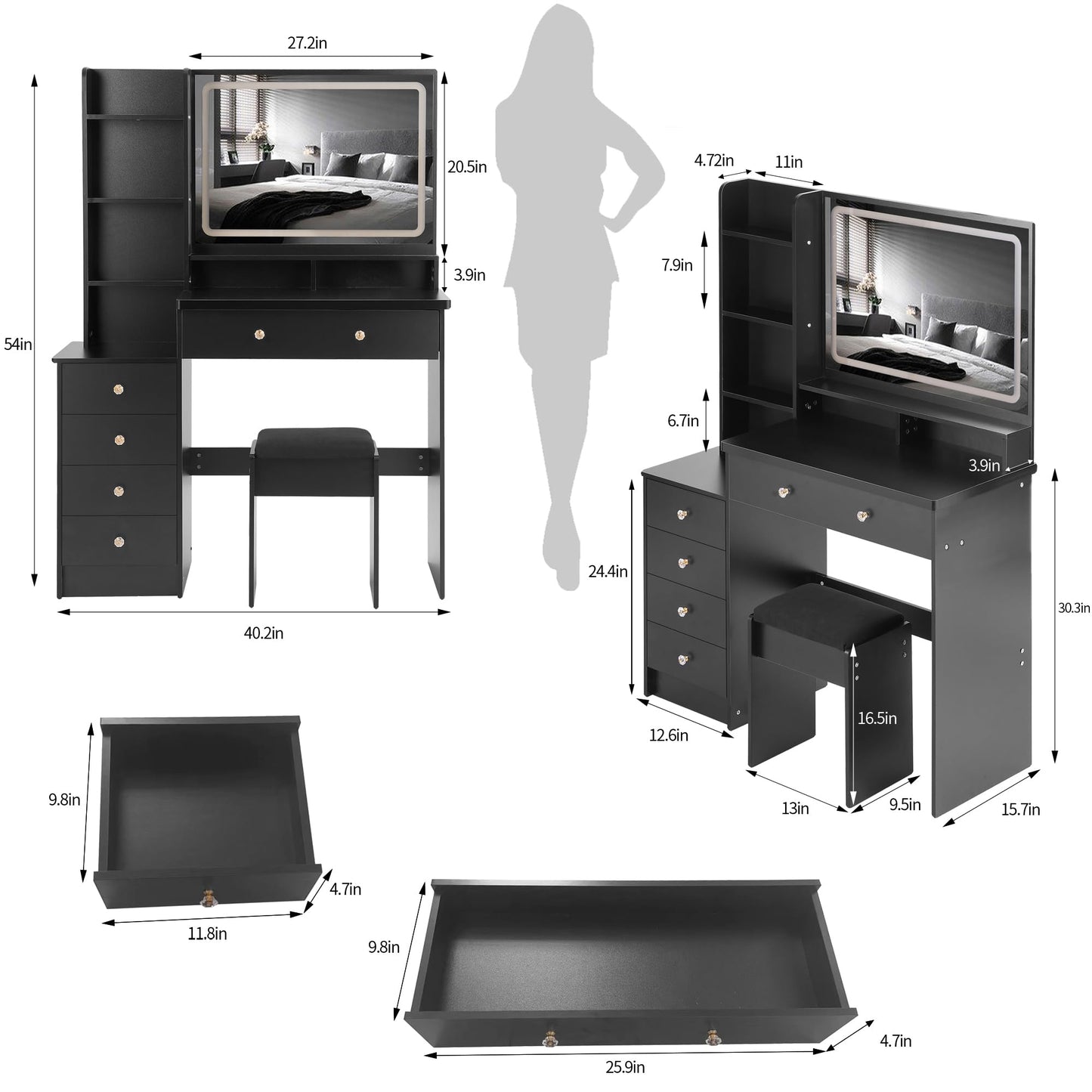 KEIKI Extra-Wide Vanity Desk with Mirror, LED Lights,3 Lighting Colors，Touch-Control,Adjustable Brightness,Cushioned Stool,41'' Makeup Vanity Table Set with 5 Storage Drawers and Shelves,Black
