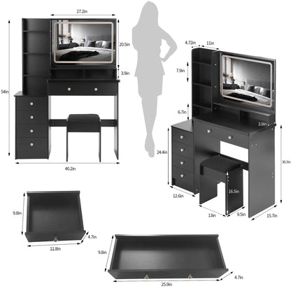 KEIKI Extra-Wide Vanity Desk with Mirror, LED Lights,3 Lighting Colors，Touch-Control,Adjustable Brightness,Cushioned Stool,41'' Makeup Vanity Table Set with 5 Storage Drawers and Shelves,Black