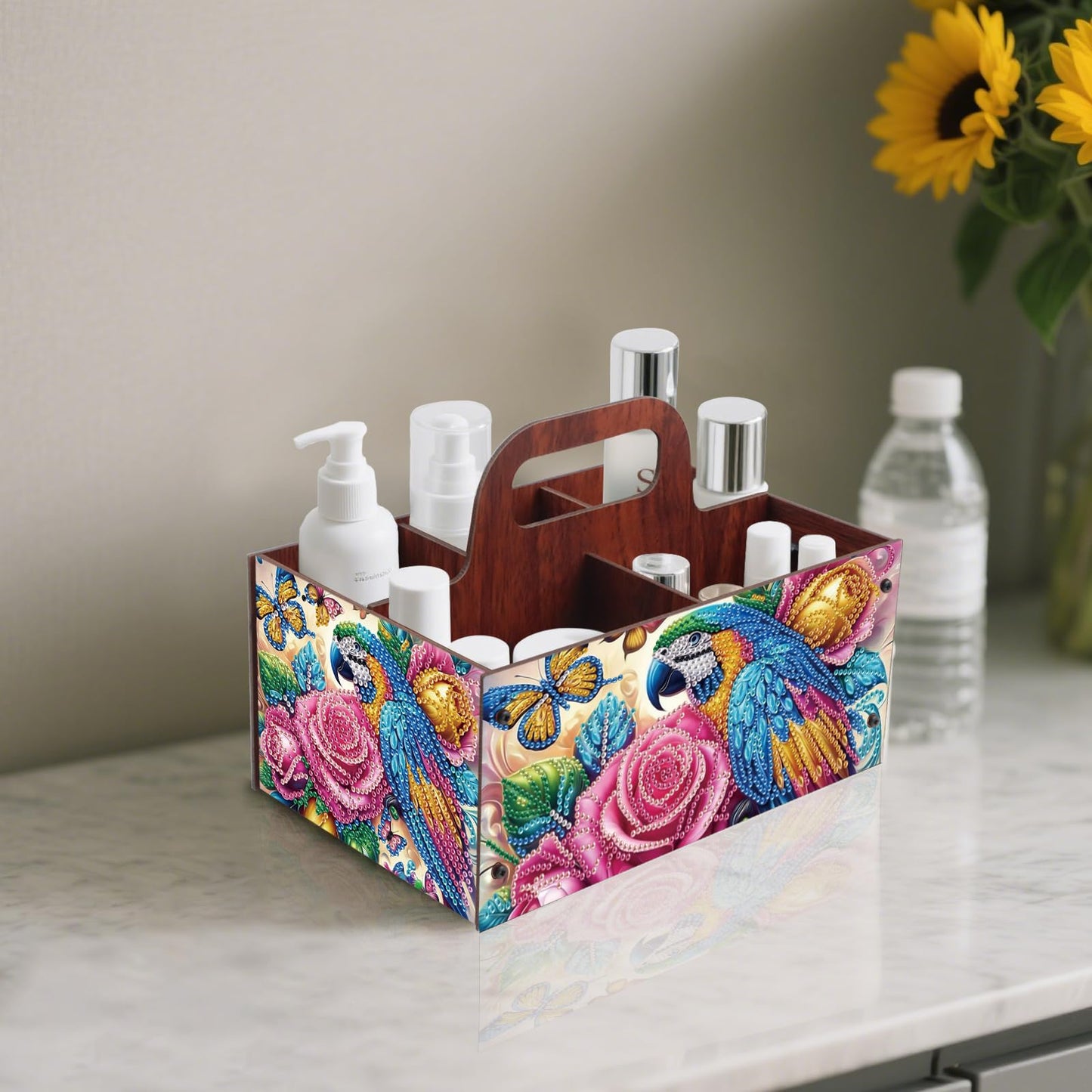 DIY Diamond Painting Storage Box Parrot and Rose Design, Diamond Art Wooden Organizer with Handle and 5 Compartments, Portable Desktop Craft Storage Basket for Art Supplies
