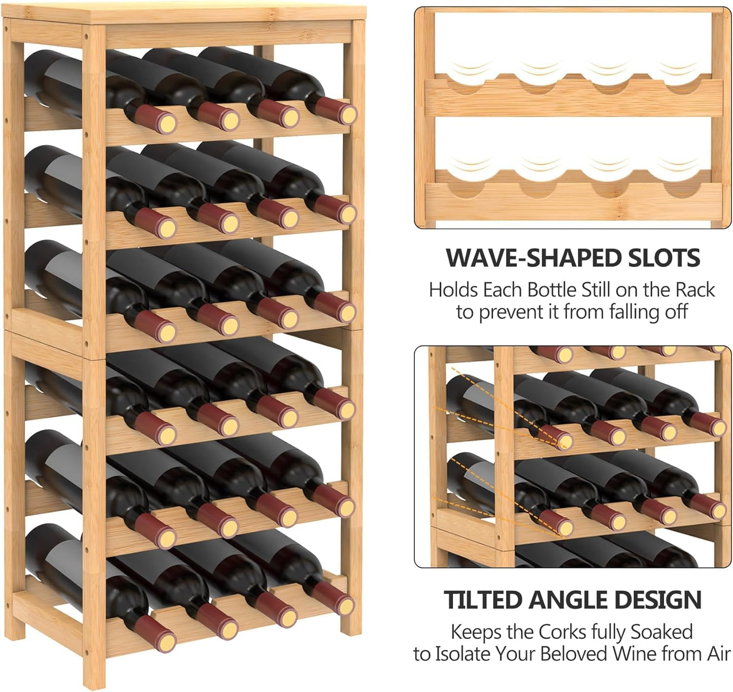 FoverOne 24-Bottle Bamboo Wine Rack Freestanding Floor, 6 Tier Wine Display Rack with Table Top, Wine Storage Shelf for Kitchen Dining Room Bar