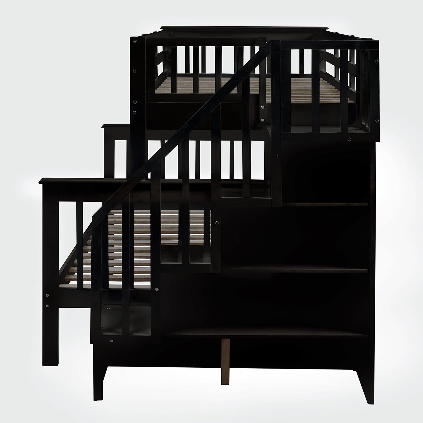 Ball & Cast Twin-Over-Full Bunk Bed with Twin Size Trundle and Storage Ladder,Wood Bunkbed w/Slat Support & Full-Length Guard Rail,Space Saving,Bedframe Furniture for Student Dorms,Studio,Espresso