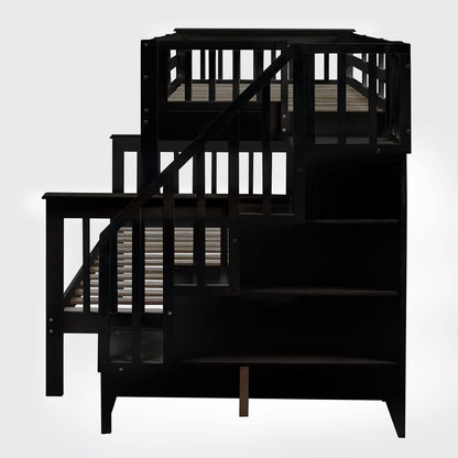 Ball & Cast Twin-Over-Full Bunk Bed with Twin Size Trundle and Storage Ladder,Wood Bunkbed w/Slat Support & Full-Length Guard Rail,Space Saving,Bedframe Furniture for Student Dorms,Studio,Espresso