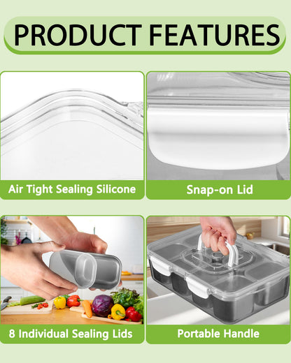 kidinit Snackle Box Container, Stainless Steel Divided Serving Tray with Lid and Handle, Large Snack Tray for Fruit Veggie Candy, 8-Compartment Snack Platter for Travel Party Beach Picnic