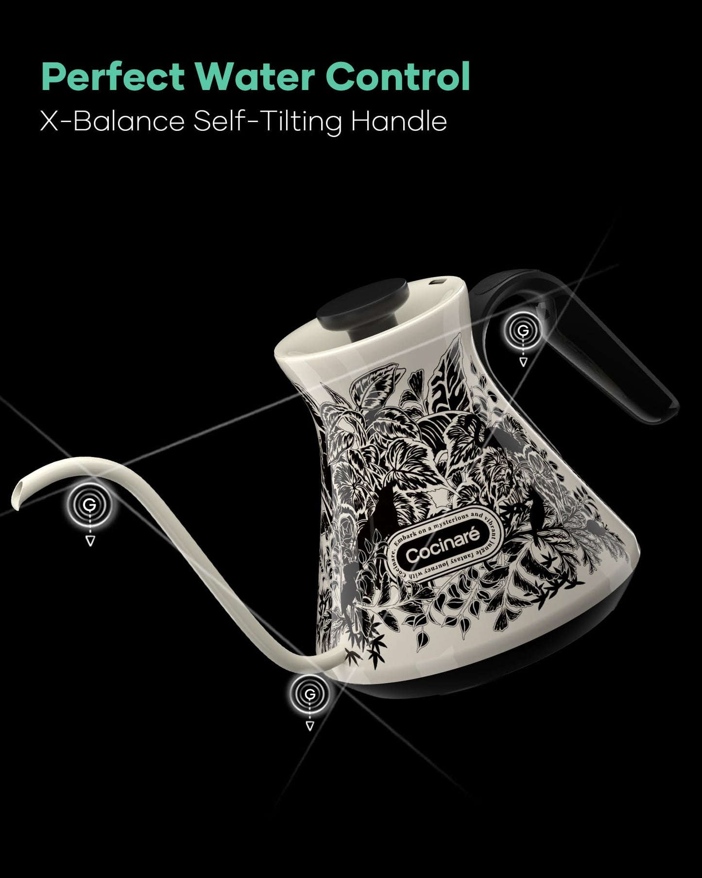 Cocinare Gooseneck Electric Kettle, ±0.5°F Precise Temperature Control, 1500W Fast Heating, Pour-Over Coffee & Tea, Stainless Steel, 0.6L (Color-changing Jungle Design)