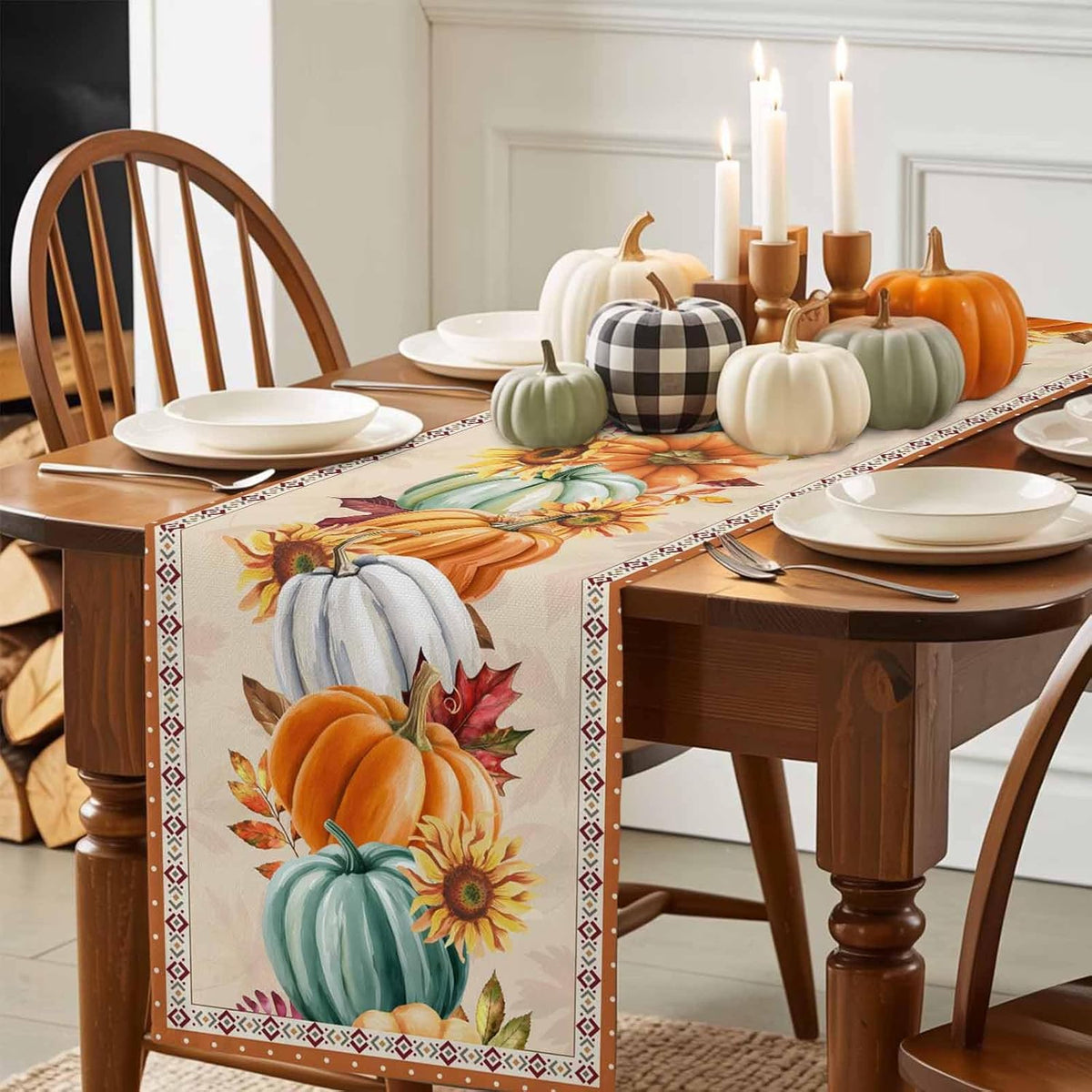 LooPoP 13x36 Inches Thanksgiving Fall Pumpkin Table Runners Maple Leaf Orange Lattice Long Washable Table Runner
