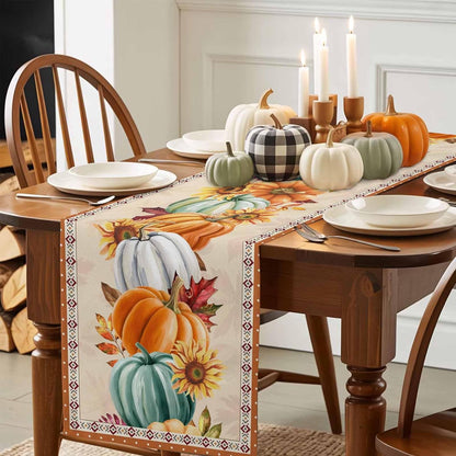 LooPoP 13x36 Inches Thanksgiving Fall Pumpkin Table Runners Maple Leaf Orange Lattice Long Washable Table Runner