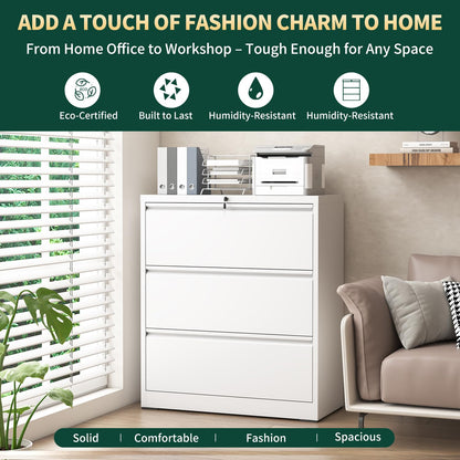 3 Drawer Lateral File Cabinet with Lock, Metal File Cabinets for Home Office, Office Furniture for Organization Hanging Legal/Letter/A4, Metal Filing Cabinet Storage Cabinet, Require Assembly, White