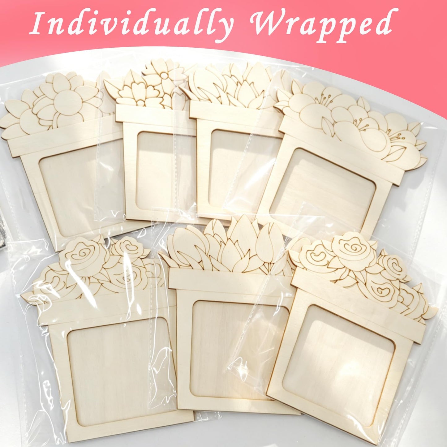 Bafeil 24 Pcs DIY Wooden Picture Frame Craft Kit, Mother's Day Flower Photo Frame Magnets to Paint, Unfinished Wood Frames with Color Pens, Gem Stickers & EVA Foam Shapes, Handmade Gift Set