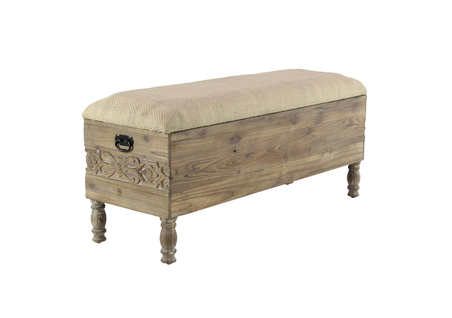 Deco 79 Wood Floral Room Storage Bench Intricately Carved Entryway Bench with Cream Burlap Top, Bench 47" x 16" x 20", Brown