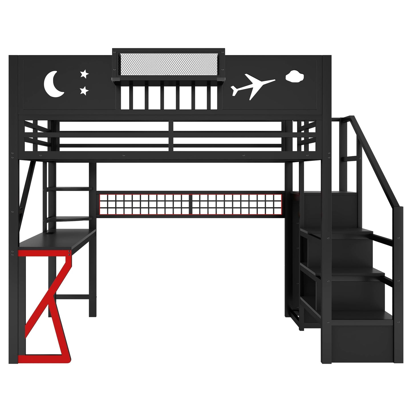 KEIKI Full Size Loft Bed with Storage Stairs, Wardrobe & Desk, Metal Loft Bed with Light, USB Ports, Guardrails, Storage Shelves, Space Saving Frame with High Guardrails for Kids Teens Adult, Black