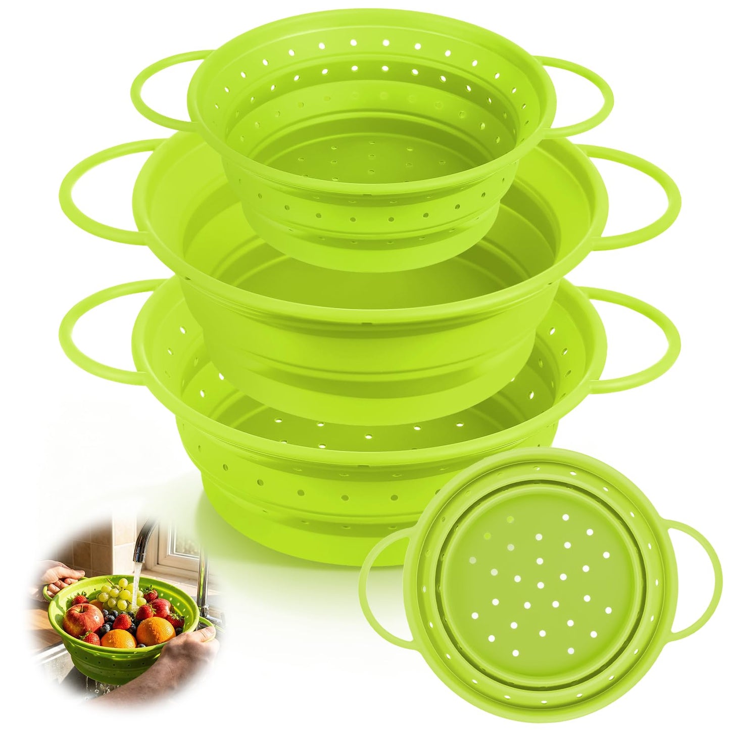 Afarnook 3 Pack Collapsible Colander with Strainer Bowl Set, 11 & 13 In BPA-Free Silicone Colanders for Kitchen, Heat-Resistant Strainer Dishwasher Safe Baskets for Vegetable Fruits (Green)
