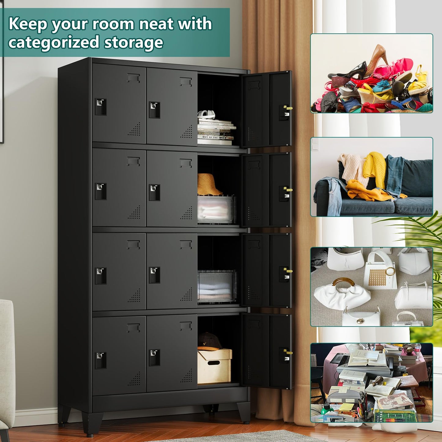 winiowa Metal Locker for Employees, 12 Doors Locker Organizer with Shelves, Black Steel Storage Lockers Cabinet for Garage School Office Gym Bedroom(Black,12 Doors)