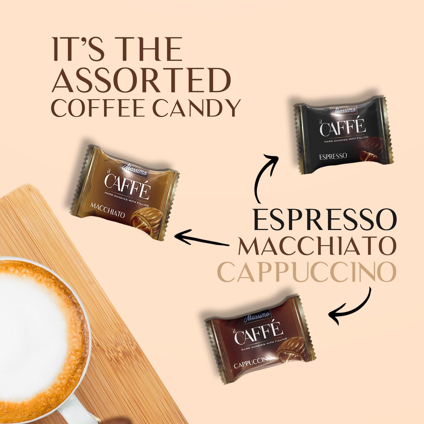 Maestro Massimo Center Filled Hard Pocket Coffee Candy, 3mg Caffeine per Candy, Individually Wrapped, Macchiato, Espresso, Cappuccino Flavored, 2.2 Pound Bulk Bag - Pack of 1