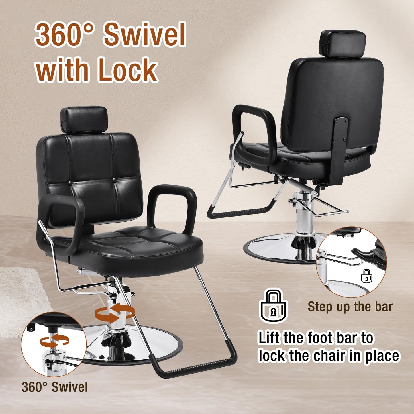 Barber Reclining Chair with Headrest - Heavy Duty Hydraulic Pump Height Adjustable,360°Swivel ,Max Load Weight 440 Lbs,Beauty Salon Spa,Barbershop,Hairdresser Cutting,Styling Stylist,Braiding,Black