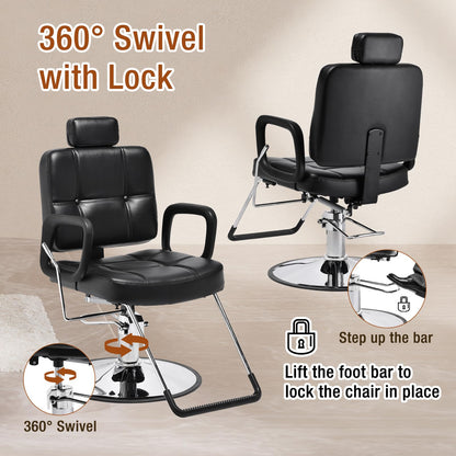 Barber Reclining Chair with Headrest - Heavy Duty Hydraulic Pump Height Adjustable,360°Swivel ,Max Load Weight 440 Lbs,Beauty Salon Spa,Barbershop,Hairdresser Cutting,Styling Stylist,Braiding,Black
