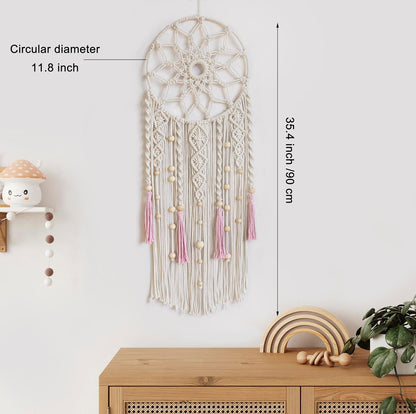 LB Boho Pink Macrame Wall Hanging Flower Dream Catcher Handmade Woven Cotton Tapestry with Wood beads Modern Aesthetic Wall Art Decor for Home, Bedroom, Living Room