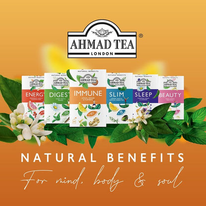 Ahmad Tea Natural Benefit Functional Tea Selection Pack | Green teas, Fruit & Herbal Infusions | Perfect herbal tea gift - 60 Teabag Sachets | 6 blends