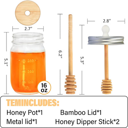 16oz Set,Honey GIVAMEIHF Glass Honey Jar with Dippers Stick Pot with Dipper and Lid,Honey Containers for Airtight Syrup