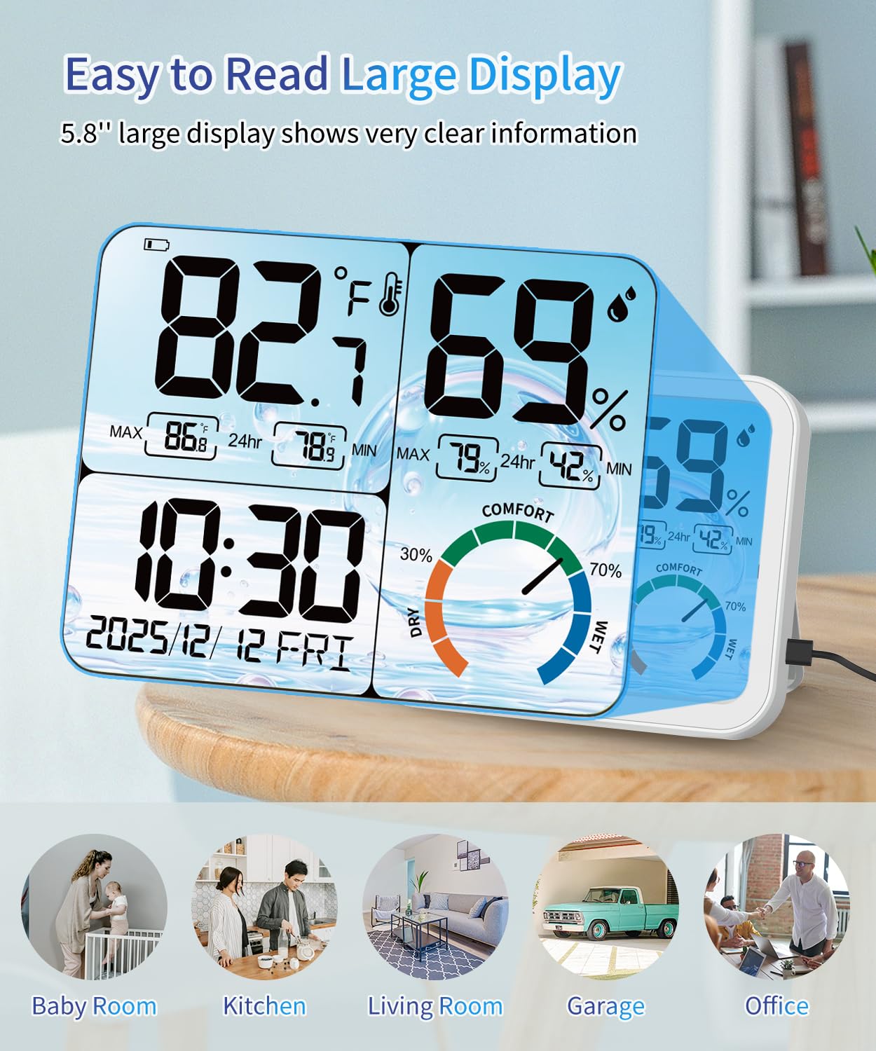 VOCOO Digital Indoor Room Thermometer - 5.8'' Extra Large Display Temperature Humidity Sensor with Accurate Temp Humidity Gauge Monitor, Calibration, Max & Min Records, Comfort, Backlit, Date & Clock