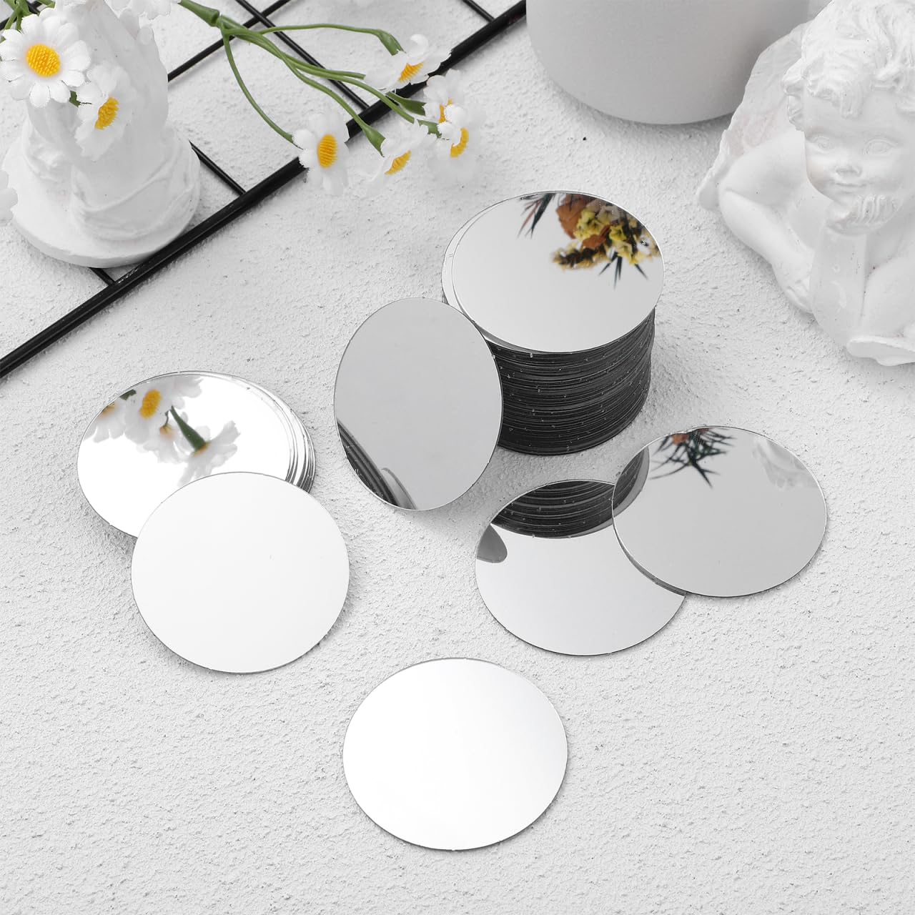 IWOWHERO 60Pcs Small Round Mirror Tiles 1.96 Inch Mini Circular Mirror Stickers with Adhesive Back for Craft Projects Wall Decor and Table Centerpieces