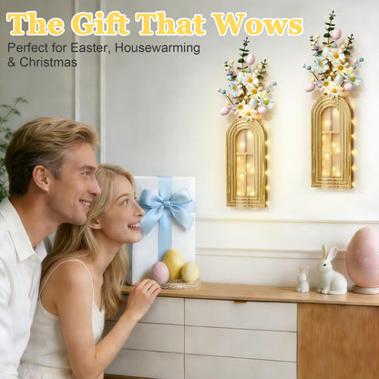 HOMECOR Easter Wall Decor Set of 2 - Boho & Modern Farmhouse Hanging Wooden Vase with Fairy Lights & Artificial Plants, Spring Wall Art for Living Room, Bedroom, Bathroom, Mothers Day Home Decor Gift