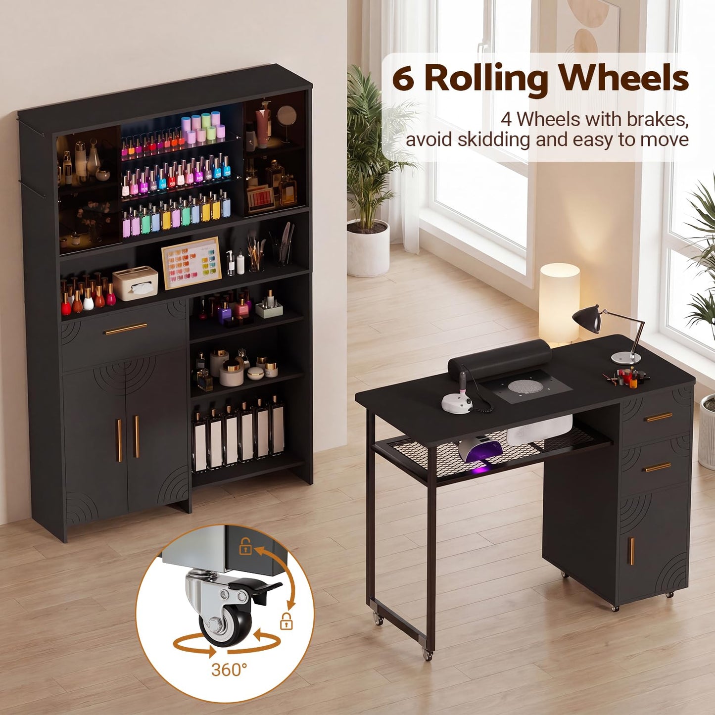 Oakvera Manicure Table with LED Display Cabinet, Mobile Nail Tech Desk Built-in Dust Collector, Nail Station with Double Tabletop, 3 Adjustable Shelves, Open Storage, Drawers & Cabinets, Black