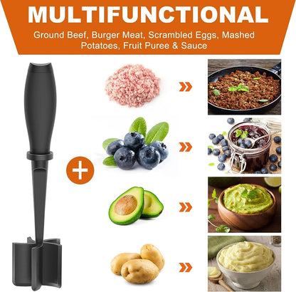 Meat Chopper and Masher, Premium Heat Resistant Masher and Smasher for Hamburger Meat, Ground Beef, Ground Turkey and More, Nylon Ground Beef Chopper Tool and Meat Fork, Non Stick Mix Chopper