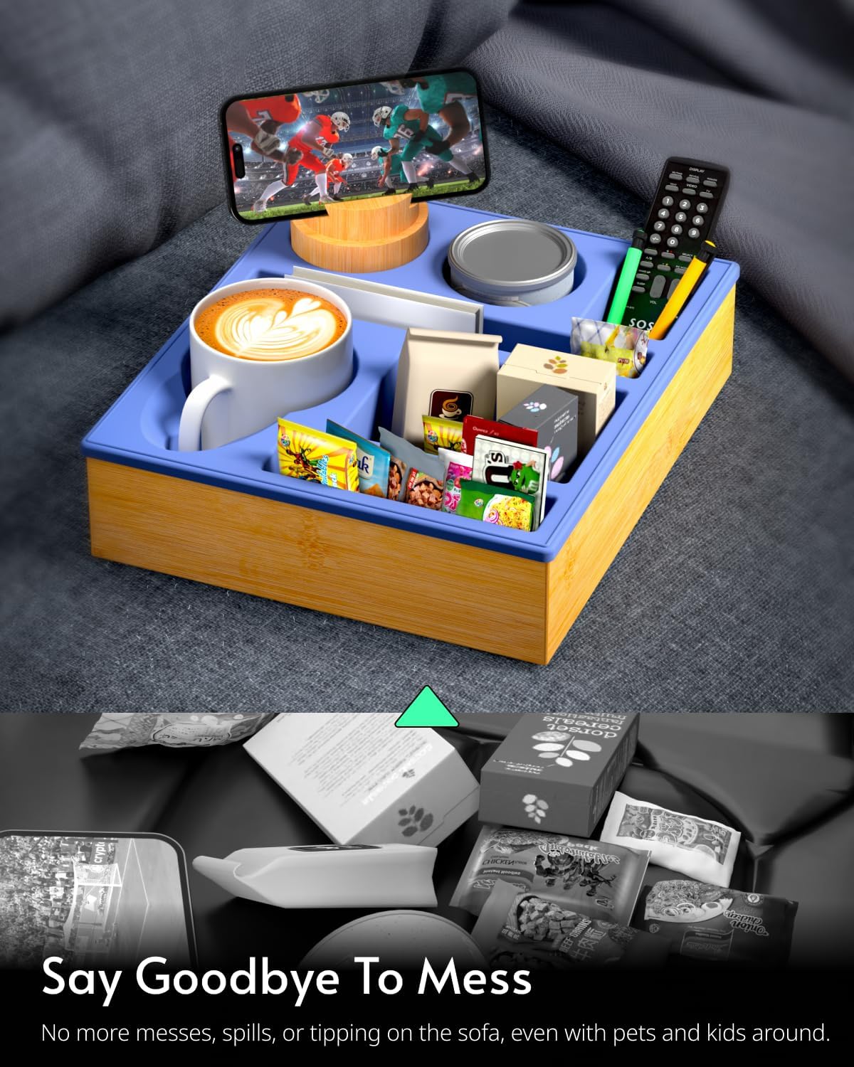 Couch Cup Holder Tray - Silicone Beach Caddy with Cup Holder, Sofa and Bed Drink Holder, Blue