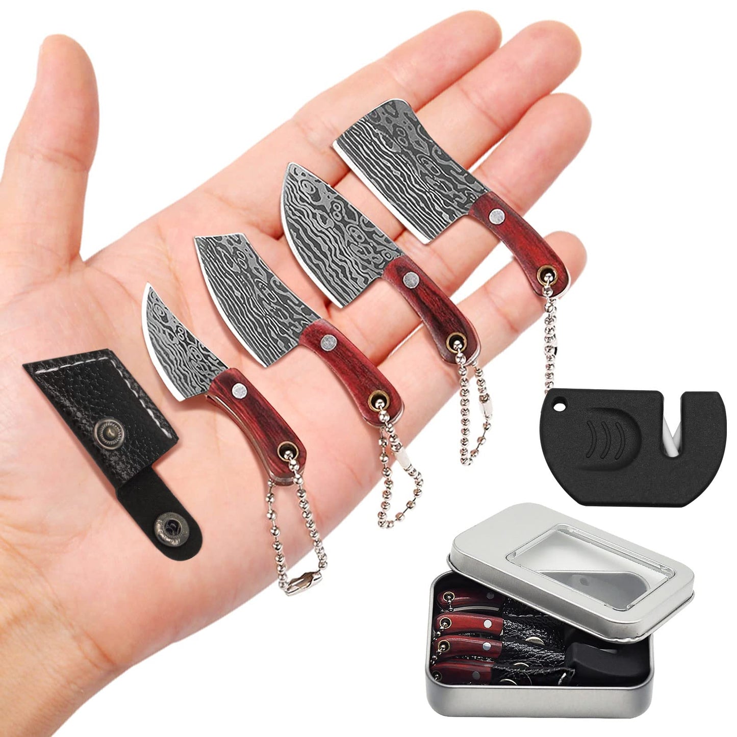 JAEZZIY Mini Knife Set, Damascus Pocket Knife with Sharpener, Mini Chef EDC Knives, Tiny knife Cleaver Keychain Tiny Things for Package Opener, Box Cutter, Letter Opener - Set of 5