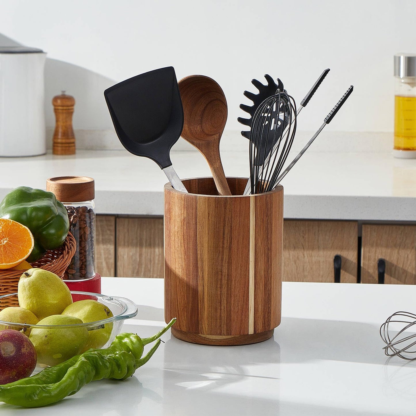 LOHONER Acacia Wood Utensil Holder, 360° Rotating, Large Countertop Organizer, Farmhouse Kitchen Decor