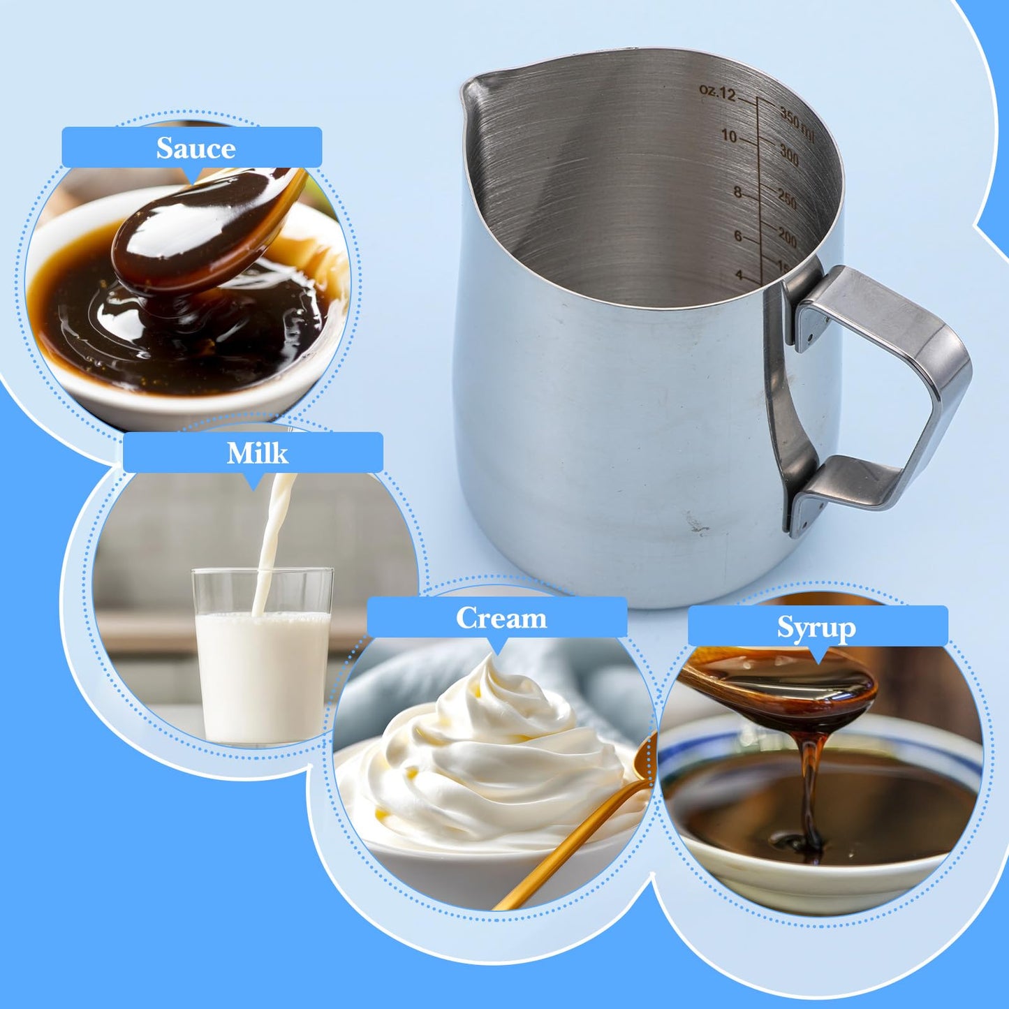 4 Pcs Milk Frothing Pitcher Espresso Steaming Pitchers 12 Oz Stainless Steel Milk Steamer Cup Frother Jug for Espresso, Latte Art, Chai Cappuccino Hot Chocolate