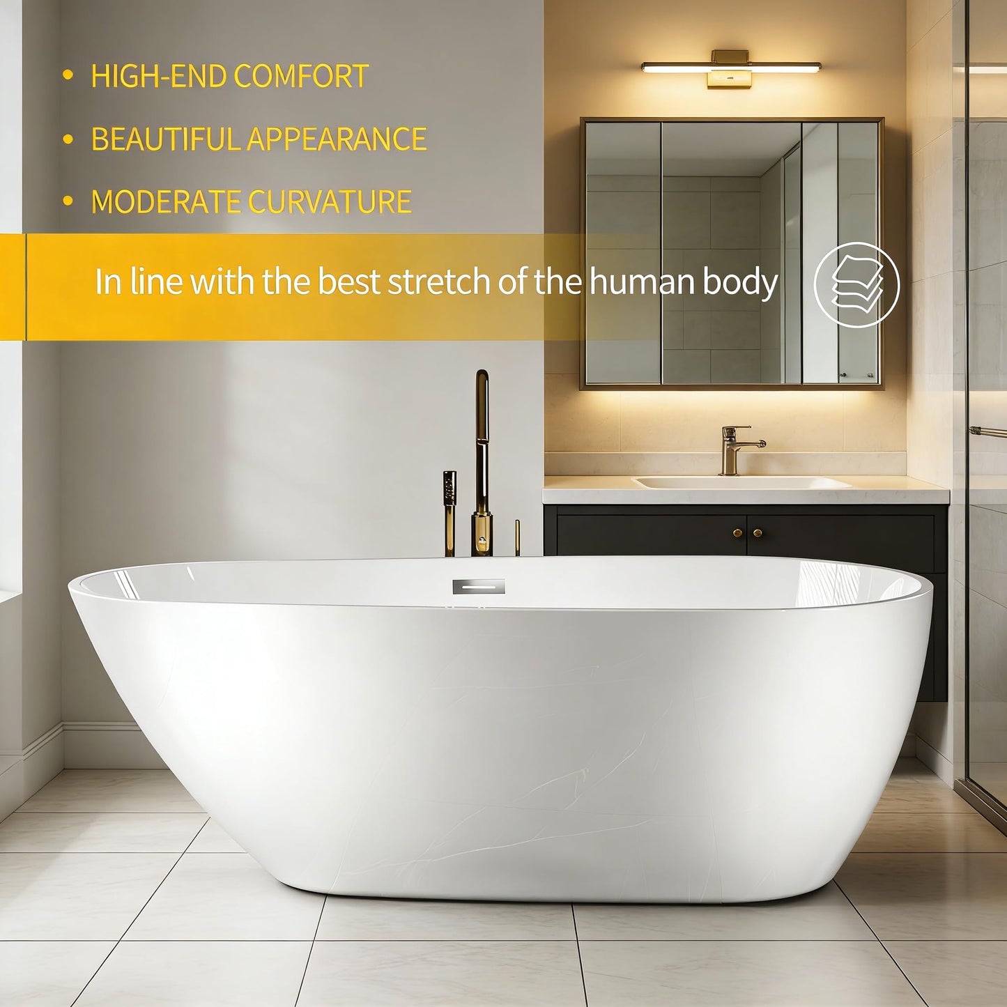 Garvee 67" Deep Soaking Bathtub, Non-Slip Acrylic Tub with Chrome Drain, cUPC Certified, Ergonomic Modern Bath for Bathrooms, Easy-Install, White Pearl