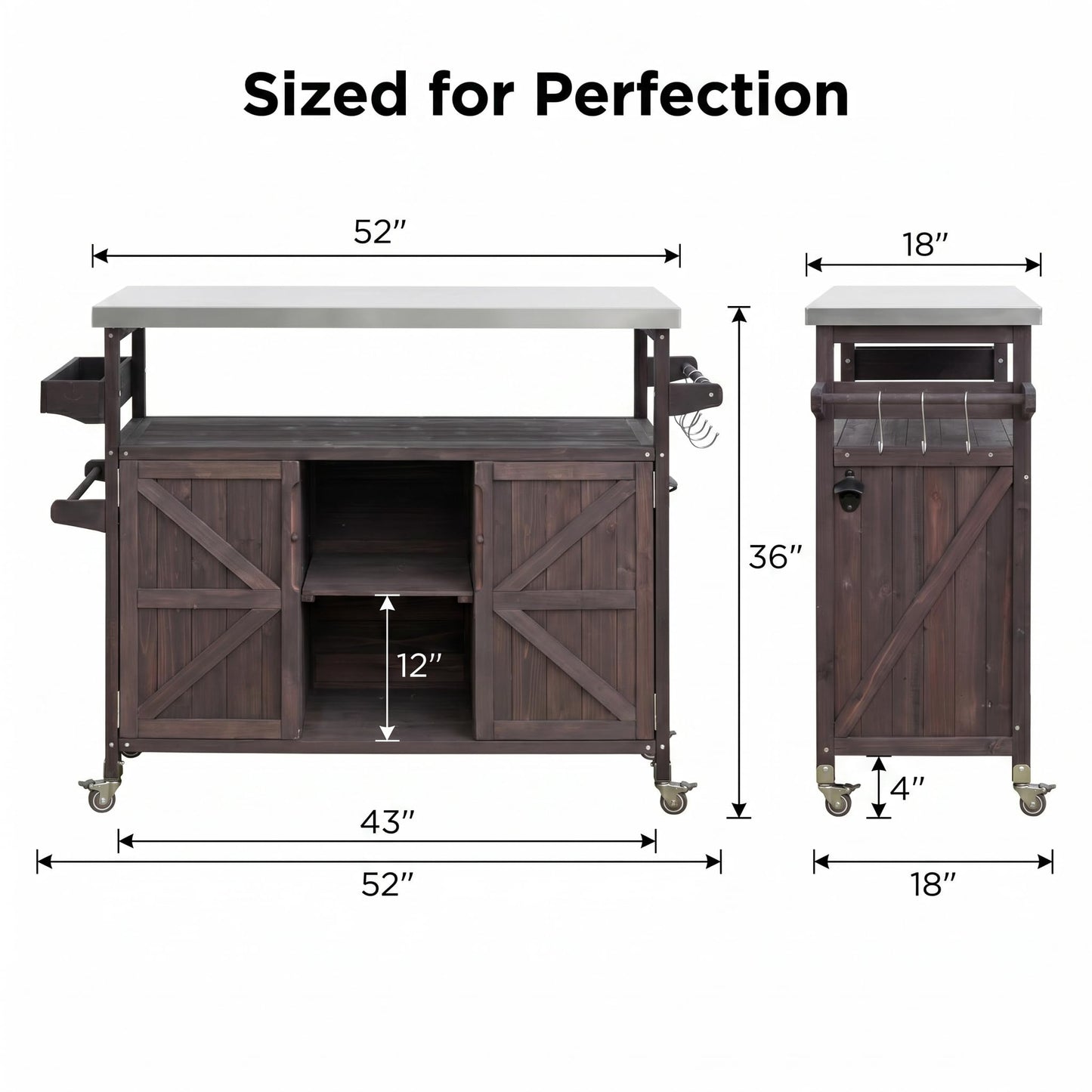 50" Outdoor Kitchen Island Grill Cart with 201 Stainless Steel Top, Solid Fir Wood, Modular Design, Internal Storage & Adjustable Shelves, 4 Lockable Wheels, 400LBS Capacity for Patio BBQ, Brown
