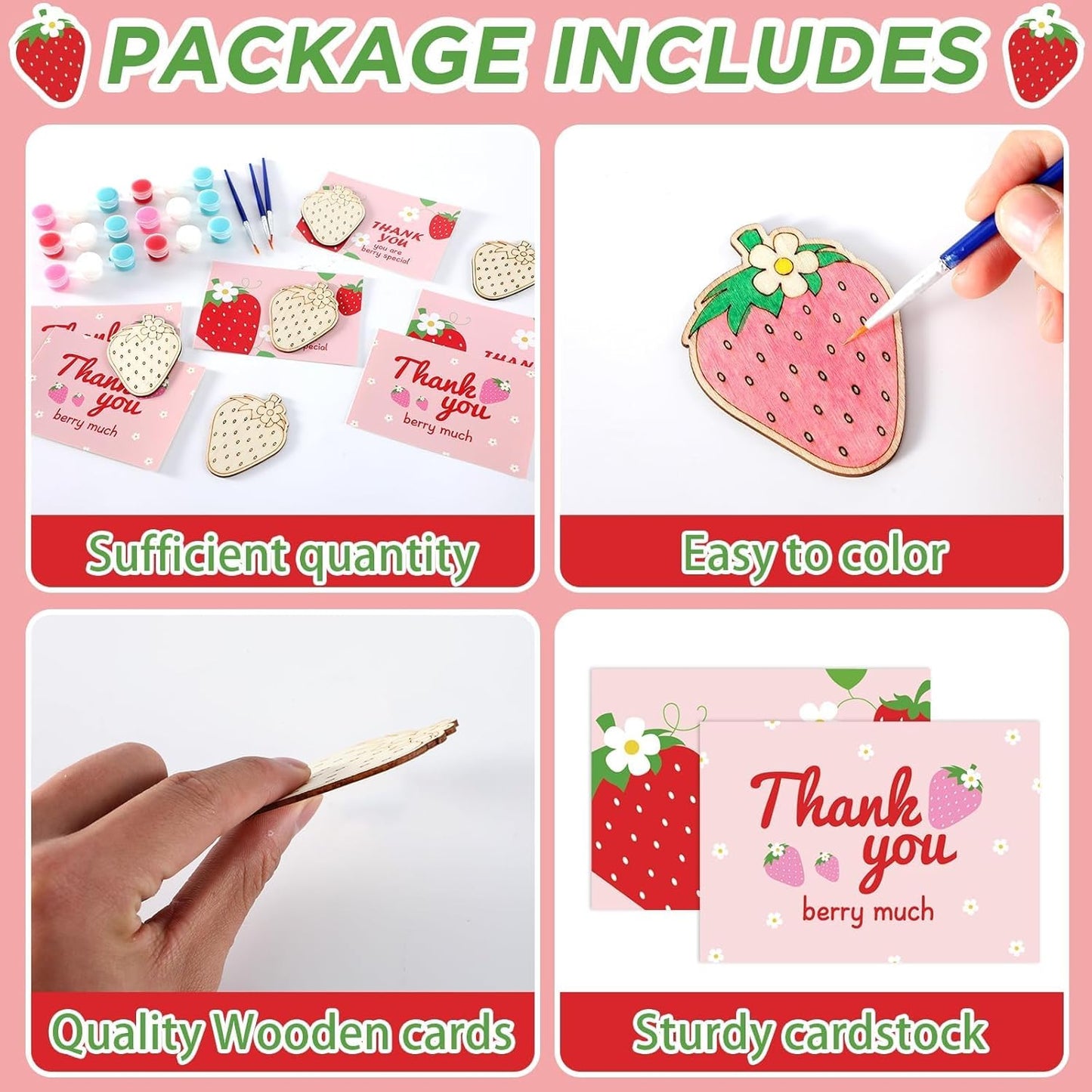 24 Set Strawberry Happy Birthday Party Favors Cards with Wood Painting Crafts Strawberry Coloring Party Supplies