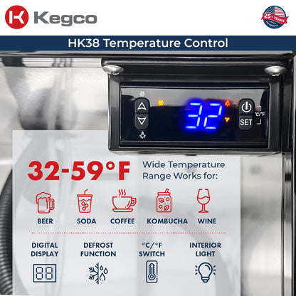 Kegco Kegerator 24" Wide Dual Tap Black/Stainless Steel Undercounter Beer Dispenser HK38BSU-2