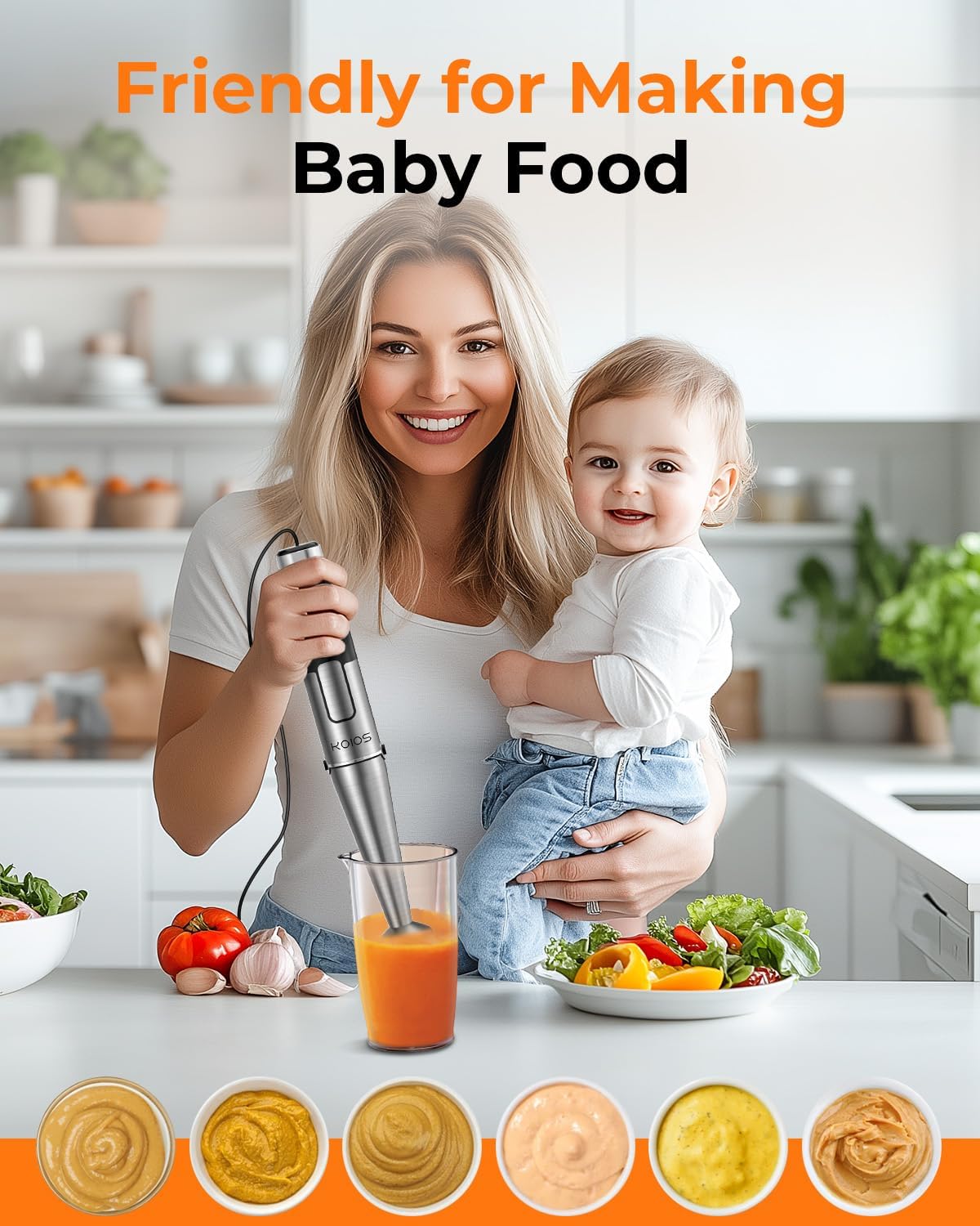 KOIOS Immersion Blender Handheld - Trigger Variable Speed 5-in-1 Immersion Hand Blender 1100W, Anti-Scratch Stainless Steel Shaft, Chopper & Milk Frother, Non-BPA for Soup, Baby Food and Smoothies