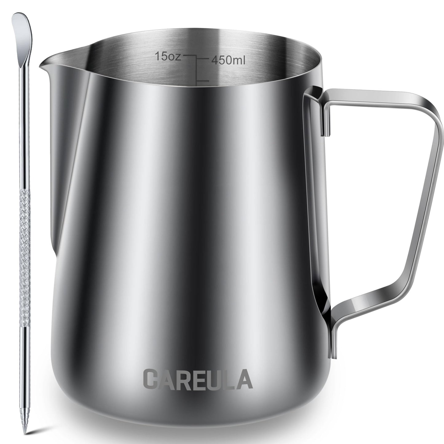 Milk Frothing Pitcher, 15oz Stainless Steel Milk Frother Cup Steaming Pitcher, Coffee Bar Cappuccino Espresso Machine Accessories Barista Tools, Metal Pitcher Milk Jug with Decorating Latte Art Pen
