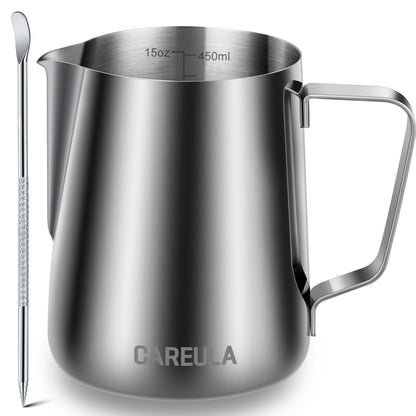 Milk Frothing Pitcher, 15oz Stainless Steel Milk Frother Cup Steaming Pitcher, Coffee Bar Cappuccino Espresso Machine Accessories Barista Tools, Metal Pitcher Milk Jug with Decorating Latte Art Pen