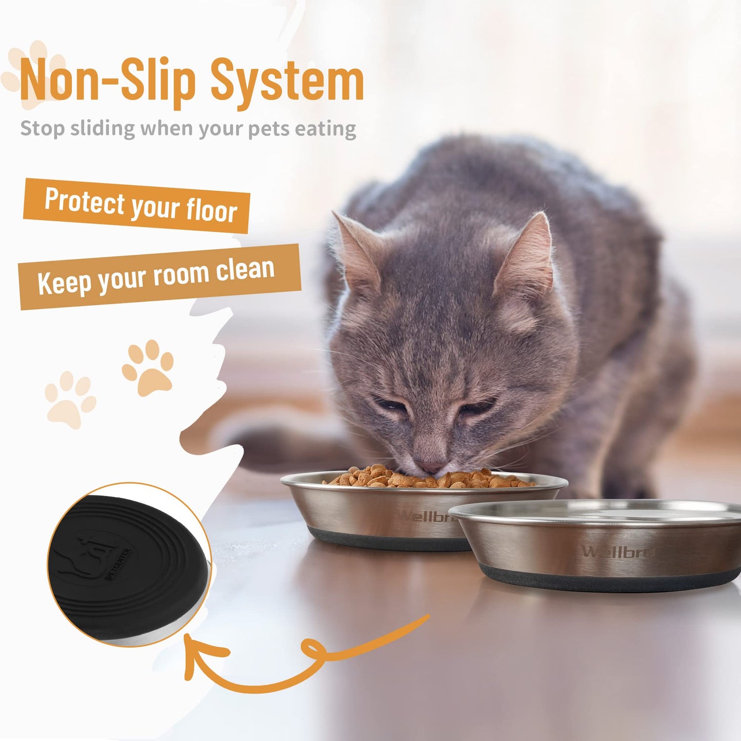Wellbro Cat Bowls, 2 Pcs Stainless Steel Cat Bowls for Food and Water, Whisker Fatigue Shallow Non-Slip Dishes Plates for Small Dog Puppies Cats
