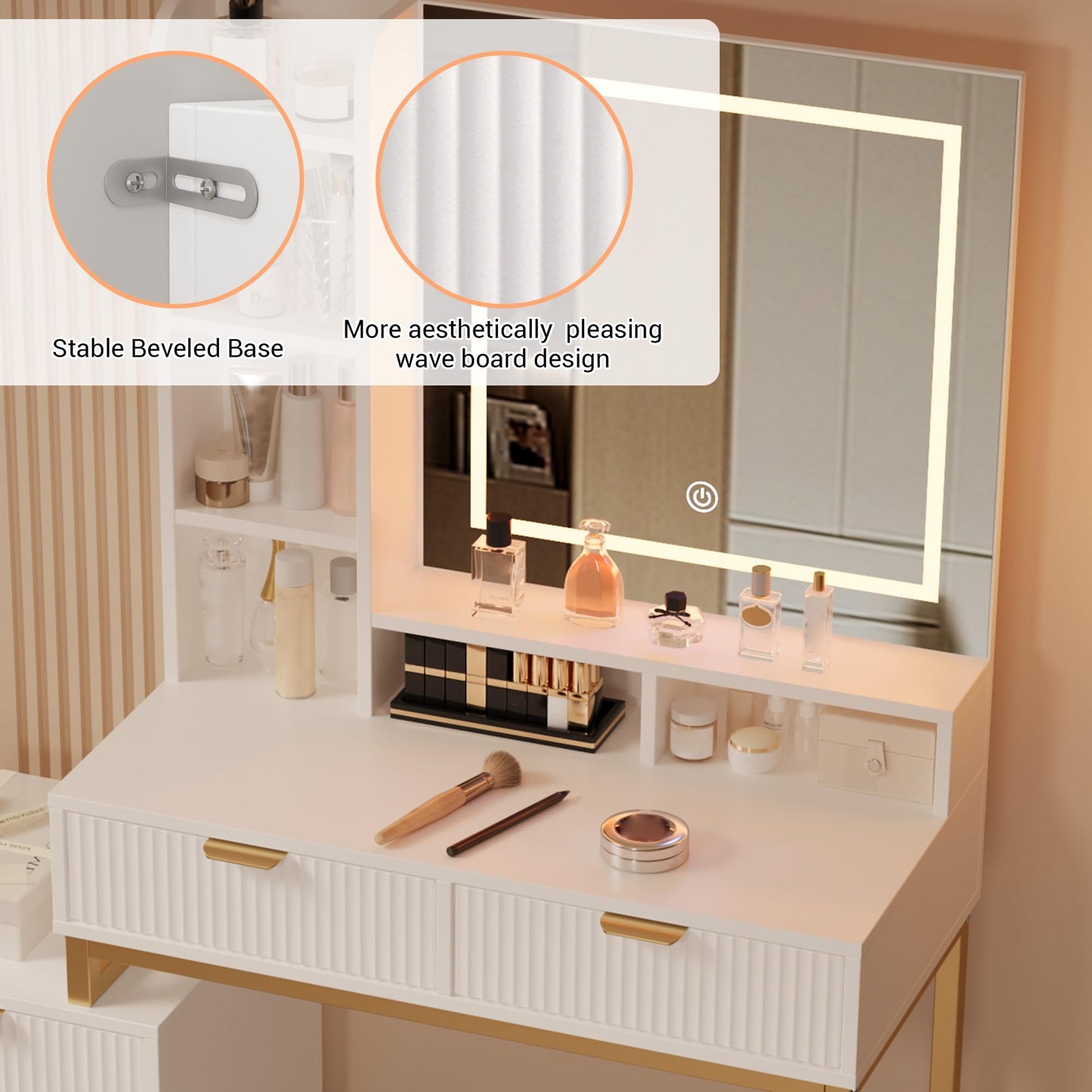 GAOMON Modern LED Makeup Vanity Desk with Mirror – 5 Drawers, Removable Side Cabinet, Cushioned Stool, Adjustable Lights – Bedroom Dressing Table for Girls & Women – Gold Iron + White Plate + Gold
