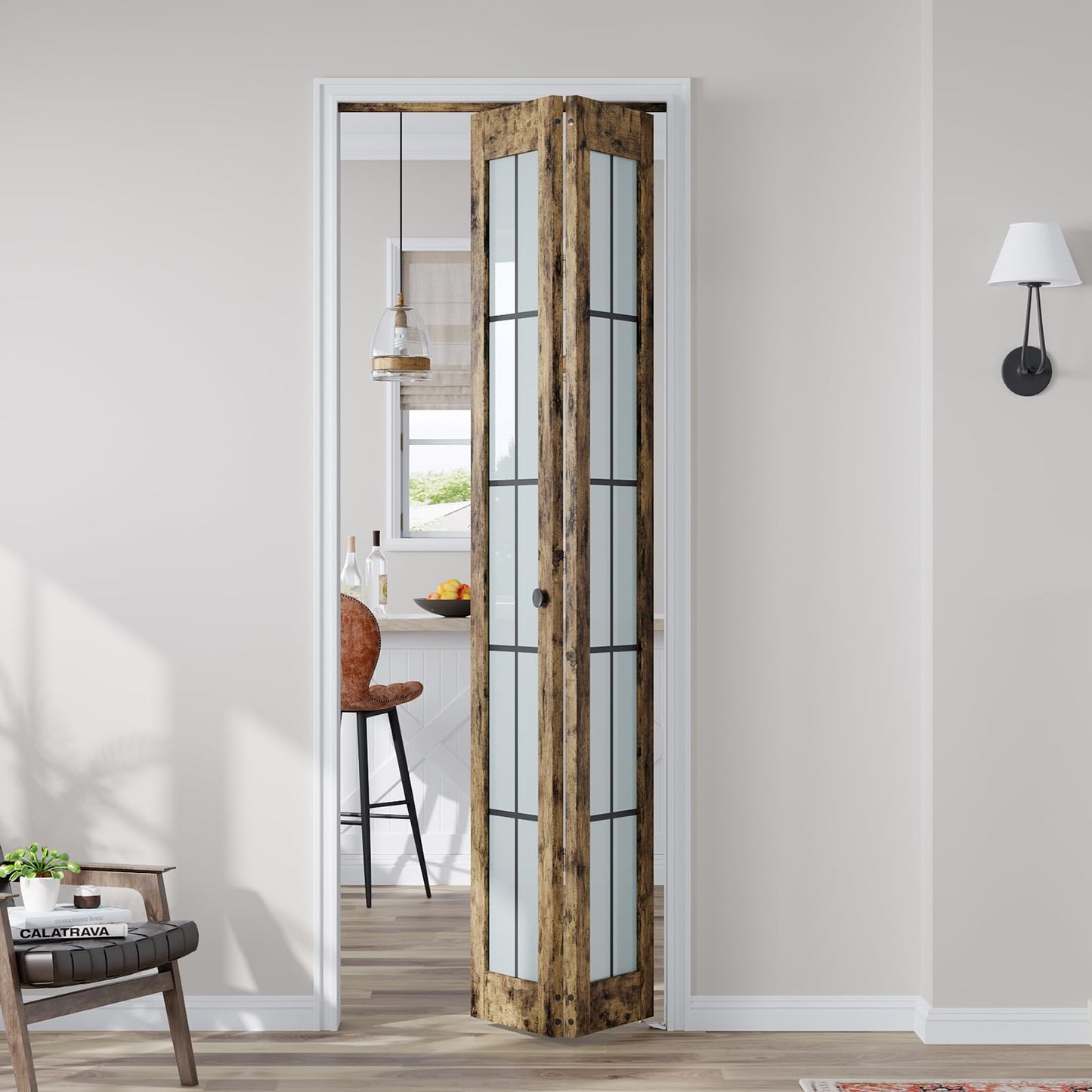 CEAKIAN Preassembled Bifold Closet Doors for 30" X 80" Opening, Country Style,Space Saving, Tempered Frosted Glass with Black Cross Grid, Bi folding Barn Door with Concealed Hardware Kit, Easy Install